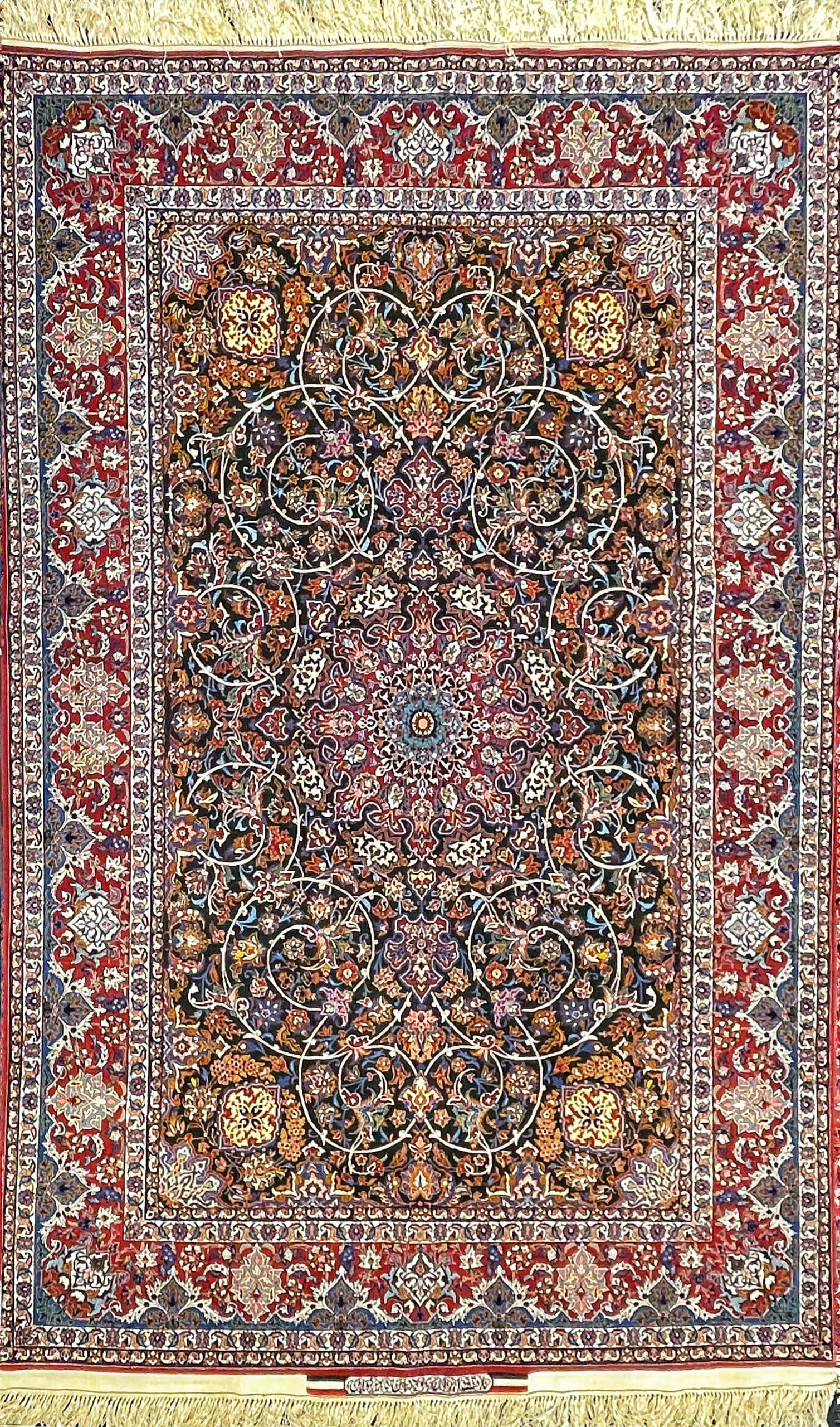 "Handmade Seirafian carpet, 230x150 cm, wool and silk blend, traditional Persian design."